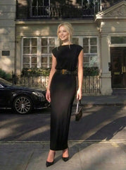 Round Neckline Split Straight Maxi Dress With Belt