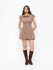 Collar Houndstooth Pleated Ruched Mini Dress