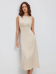 Satin Boat Neck Backless Bowknot Ruched A-line Midi Dress