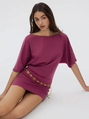 Oversized Off-Shoulder Belted Mini Dress With Chain Detail