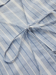 Cotton-blend V-neck Striped Tie Front Crop Vest & Mid Rise Striped Ruffle Midi Skirt