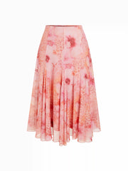 Chiffon Mid Rise Floral Hanky Hem Midi Skirt