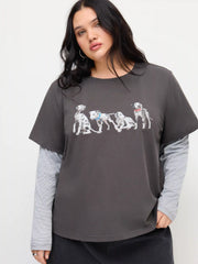 Dog Graphic Striped Long Sleeve Two Tone Oversized Tee Curve & Plus