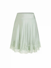 Satin Mid Rise Lace Panel A-line Midi Skirt