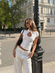 Mandarin Collar Short Sleeve Cut Out Top