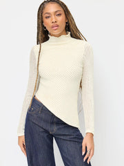 Textured Stand Collar Lettuce Trim Asymmetrical Hem Tee