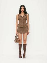 Jacquard Houndstooth Button Vest & Low Rise Zipper Mini Skirt Set
