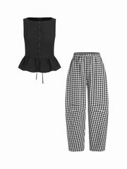 Cotton Boat Neck Peplum Top & Gingham Mid Rise Barrel-leg Trousers Set