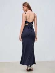 Satin Cowl Neck Solid Lace Ruched Knotted Maxi Dress