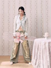 Denim Low Rise Lace Graphic Wide Leg Jeans