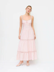 Cotton-blend Sweetheart Lace Panel Flared Maxi Dress