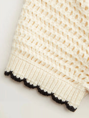 Knit Crochet Polo Collar Tie Front Bow Contrasting Binding Hollow Out Cardigan