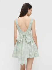 Boat Neck Stripe Backless Knotted Pocket Ruffle Mini Dress