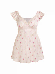 Satin Floral V-neck Ruffle Sleeve Lace A-line Mini Dress Curve & Plus
