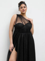 Mesh Asymmetrical Neck Glitter Corset Maxi Dress Curve & Plus