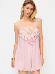 Square Neck Lace Panel Ruffled Mid Rise Bubble Hem Romper