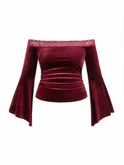 Velvet Off-shoulder Ruched Lace Bell Sleeve Top Curve & Plus