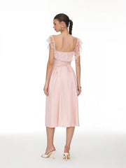 Lace Ruffle Sweetheart Neck Bowknot A-Line Midi Dress