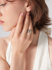 4PCS ZIRCON & TWO-TONE HOOP 18K GOLD PLATED STAINLESS STEEL RING SET