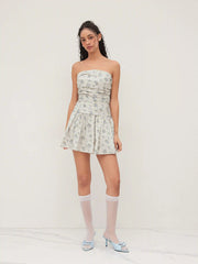 Cotton-blend Floral Ruched Bandeau Mini Dress