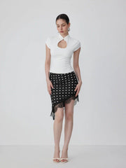 Satin Low Rise Polka Dot Lace Trim Asymmetrical Hem Mini Skirt