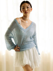Mohair V-neck Solid See-through Sweater