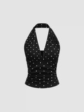 Cotton-blend Halter Cowl Neck Polka Dot Ruched Top