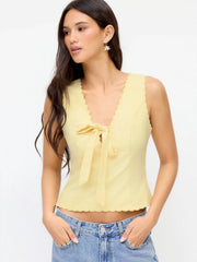 Linen-blend V-neck Bowknot Scalloped Trim Tank Blouse