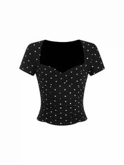 Cotton-blend Polka Dot V-neck Ruched Short Sleeve Top