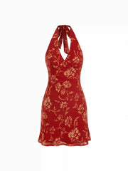 Chiffon Floral Halter Neckline Backless Mermaid Mini Dress