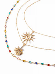 SUN & RHINESTONE DECOR BEADED LAYERED NECKLACE