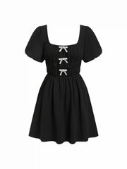 Square Neck Rhinestone Bowknot Flared Mini Dress