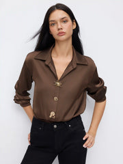 Satin Metal Button Oversized Shirt Bodysuit