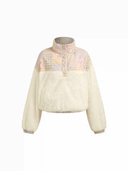 Cotton Fleece Patched Stand Collar Floral Contrasting Binding Sweatshirt