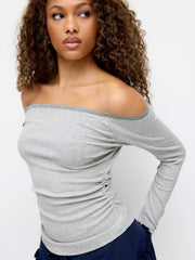 Cotton-blend Off-shoulder Lace Trim Ruched Long Sleeve Top