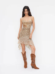 Mesh Floral Plaid Patchy Cowl Neck Asymmetrical Hem Ruffle Midi Dress