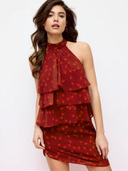 Chiffon Cherry Graphic Halter Neckline Ruffled Tie Back Blouse
