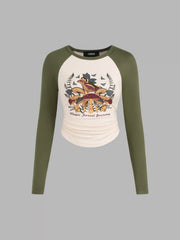 Magic Forest Journey Mushrooms Contrasting Binding Long Sleeve Top