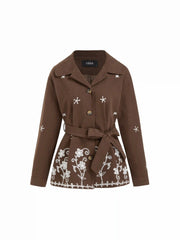 Cotton Floral Embroidery Oversized Jacket With Belt