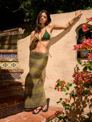 Halter Neckline Ring Linked Tie Side Triangle Bikini Set With Stripe Beach Skirt