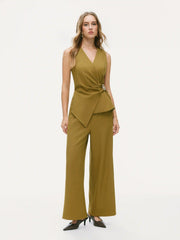 V-neck Ruched Metal Detail Wide Leg Jumpsuit