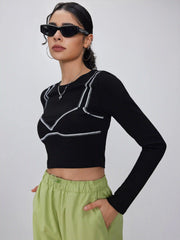Round Neck Contrasting Binding Crop Long Sleeve Tee