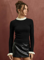 Knit Stand Collar Long Sleeve Colorblock Ruffle Trim Top