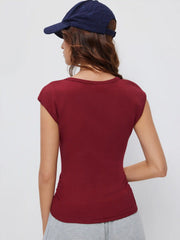 Cotton-blend U-neckline Ruched Tee
