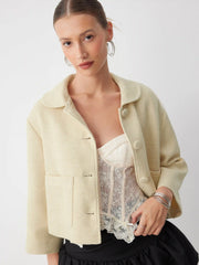 Wool Collar Crop Jacket With Pockets