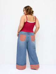 Washed Denim Gingham Wide Leg Jeans Curve & Plus