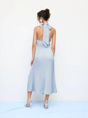 Satin Halter Neckline Split Knotted Maxi Dress