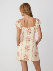 Chiffon Floral Square Neck Ruffle Sleeve Tie Front A-line Mini Dress