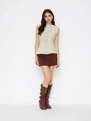 Cable Knit Round Neckline Cinched Waist Longline Vest