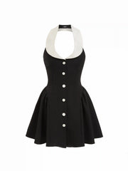 Color-Blocked Collar Tie Back Flared Mini Dress